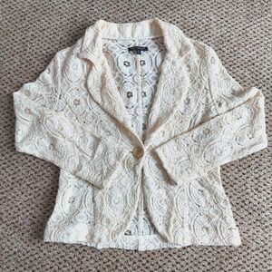 For Cynthia Cream Floral Lace Blazer Single Button Sheer Jacket M Coquette
